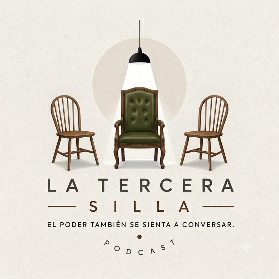 Tres sillas bajo una lámpara: los dos conductores y el invitado.